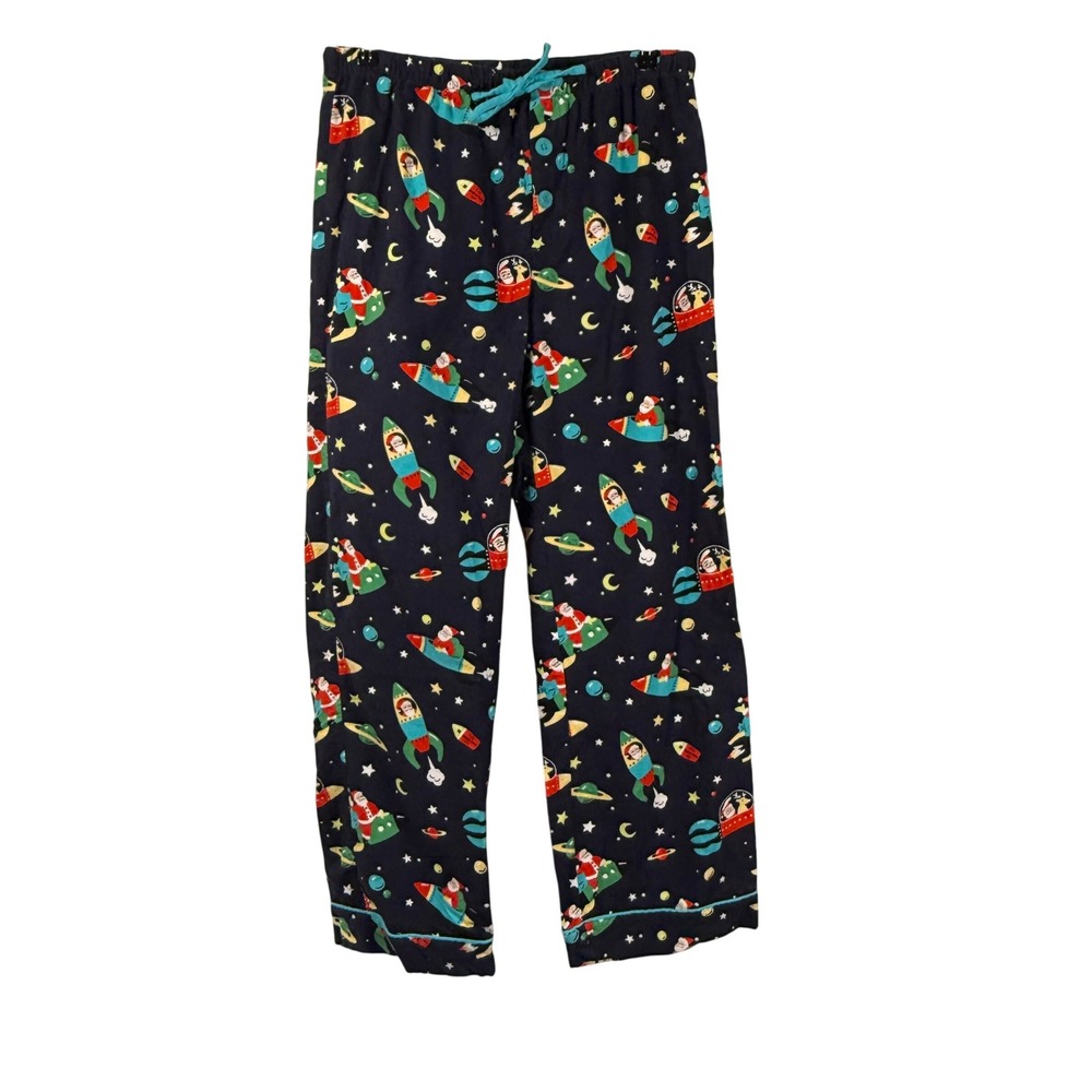 Nick & Nora Pajama Pants Mens M Santa in Space Rocket‎ UFO Flannel Cotton Black